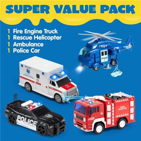 4 Packs Emergency Vehicle Toy Playsets, Friction Powered Vehicles - Picture 2 of 7